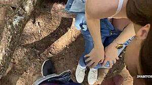 amateur teen couple fucks rough in pov outdoors, teasing in forest jeans, beautiful babe girlfriend moans loudly during public session