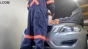 Amateur couple with shaved pussy babe bent over in miniskirt. Mechanic fucks wife doggystyle for creampie while husband watches as cuckold.