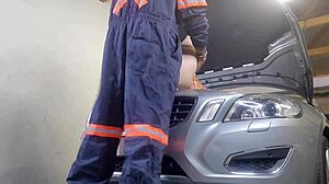 Amateur couple with shaved pussy babe bent over in miniskirt. Mechanic fucks wife doggystyle for creampie while husband watches as cuckold.