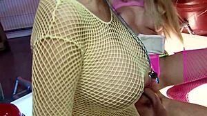 hey, check this threesome with two milfs in fishnet stockings getting bent over 😈