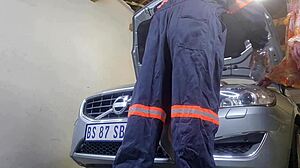 Amateur couple with shaved pussy babe bent over in miniskirt. Mechanic fucks wife doggystyle for creampie while husband watches as cuckold.