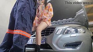 Amateur couple with shaved pussy babe bent over in miniskirt. Mechanic fucks wife doggystyle for creampie while husband watches as cuckold.