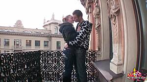 Hot blonde Russian teen gives blowjob to boyfriend with small tits!