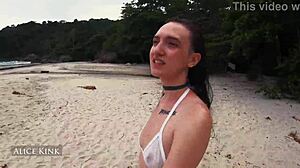 I see skinny kinky alice kink stripping her see through micro bikini at the brazilian public beach