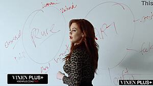 Maitland Ward teaches her students a dark lesson in stockings and big tits.