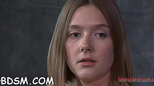 Bound blonde slave masturbates with toys after dinner blowjob