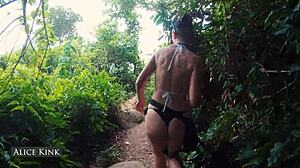 I see skinny kinky alice kink stripping her see through micro bikini at the brazilian public beach