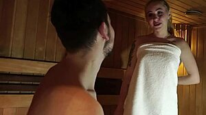 Curvy hottie fucking a stranger in a public sauna