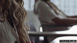 Maitland Ward teaches her students a dark lesson in stockings and big tits.