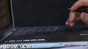 Bound blonde slave masturbates with toys after dinner blowjob