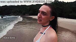 I see skinny kinky alice kink stripping her see through micro bikini at the brazilian public beach