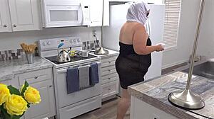 Busty MILF maid flashes pussy close up