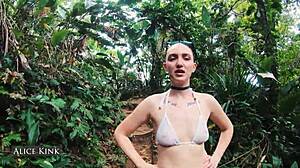 I see skinny kinky alice kink stripping her see through micro bikini at the brazilian public beach