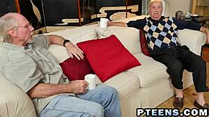 Threesome slams two horny teens with nasty grandpa