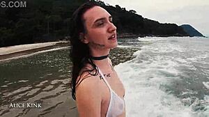 I see skinny kinky alice kink stripping her see through micro bikini at the brazilian public beach