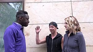 blond babe gets nailed by black cock in cowgirl and doggystyle while her guy watches