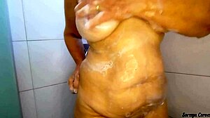 mother in law bathes and tries lingerie, waiting for son-in-law and friend for double penetration