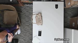 Sec guard chats with perky blonde teen in backroom