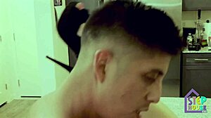 Mature step mom cooks in the kitchen with step son