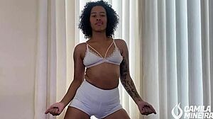 Latina pornstar teases in tight shorts with cameltoe and gives JOI on big cock