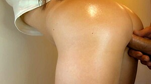 Japanese girl bends over for cum surprise!