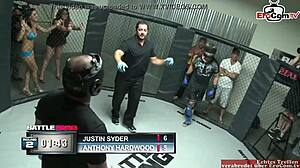 Chubby Brunette Slut Teases Fighter with Big Tits