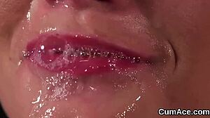 Hot looker gets facial cum load and eats jizz
