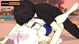 Cat girl intensely fucked by rich man on beach with big ass