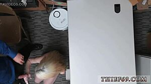 Petite teen worships her feet in police uniform