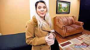 Sabrina sucks cock intensely for facial.