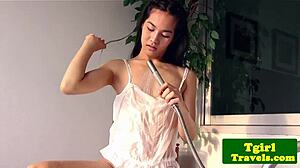 ladyboy jerks cock intensely after wet bath