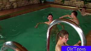 College girlfriends share pool party homemade fun