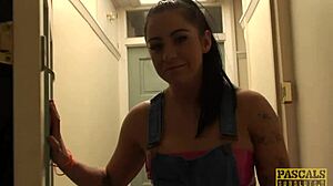 the inked british submissive slut gets roughfucked in fishnets and stockings, sucking big tits while tattooed and submissive in bdsm reality