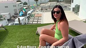 brunette fucks her pussy with a bottle and sucks a huge cock, drinking all the cum