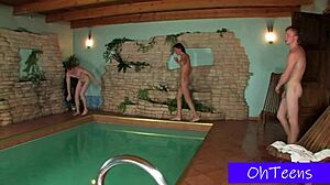 College girlfriends share pool party homemade fun