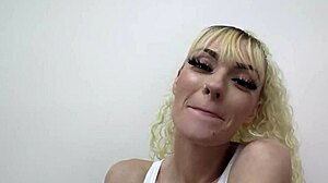 Blonde hottie Sassy deepthroats hard cock and swallows cumshot