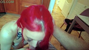 Hey, redhead chick sucking fat old dude's dick