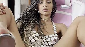 Pretty latina uses toy in lingerie