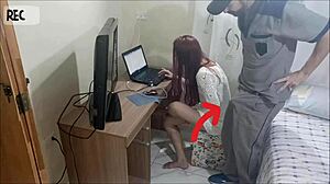 the naughty housewife welcomes the depraved maintenance man for cum on ass blowjob and fetish sex in uniform