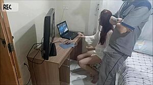 the naughty housewife welcomes the depraved maintenance man for cum on ass blowjob and fetish sex in uniform