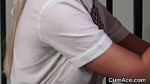 flirty babe sucks juice getting cumshot on face