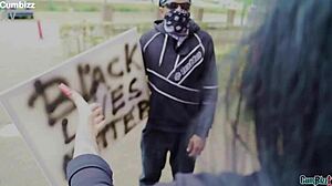 black guy with huge bbc bends over milf for doggystyle pounding while she licks balls/ his massive cock enters her from behind with rough thrusts