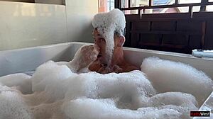 My husband returned from trip so I rushed quickie with lover in bathroom ending in cum on tits