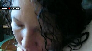 Sensual oral blowjob with facial cumshot from young chubby brunette