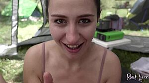 Risky Camping Blowjob With Brunette Teen Swallowing Cum In Outdoor Forest!