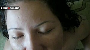 Sensual oral blowjob with facial cumshot from young chubby brunette