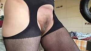 i love my hairy milf fetish workout as athletic brunette in fishnets at gym showing beaver and european housewife pussy