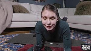 The blond slave girl degraded herself in the garage by bobbing for her dom's piss-soaked socks and puking on dildos from his ass