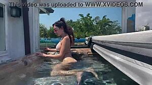 Italian big tits stepmom Artemisia Love enjoys solo relaxation in the Florida jacuzzi with shaved pussy outdoors