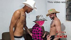 Ever seen a tattooed guy take double penetration bareback in his wet ass while doing a quickie?